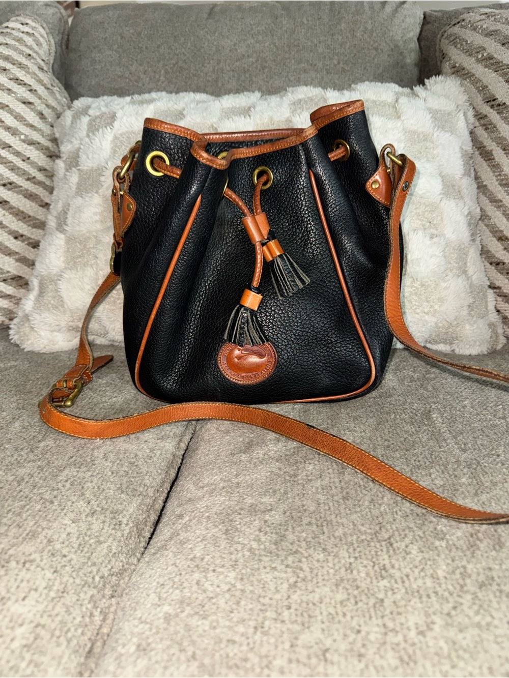 Vintage Dooney and bourke Black and Tan Leather Drawstring Bucket Bag